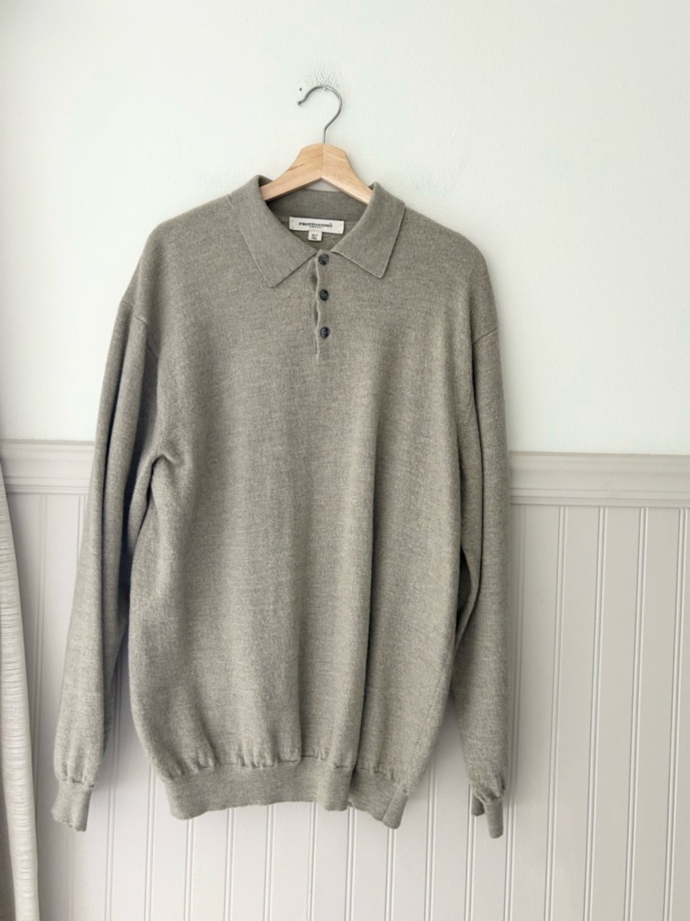 Pronto Uomo XLT Heathered Tan V-Neck Polo Sweater Merino Wool Made in Italy